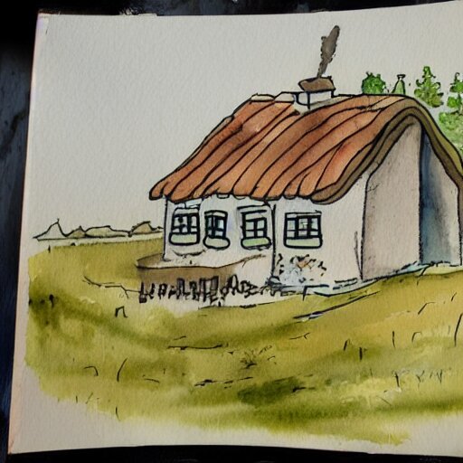 a watercolor and ink painting of a cottage, drawn on white parchment paper 