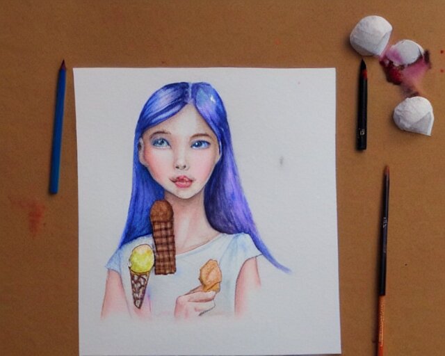 a girl with the ice cream watercolor colored pencil painting trending on artstation 