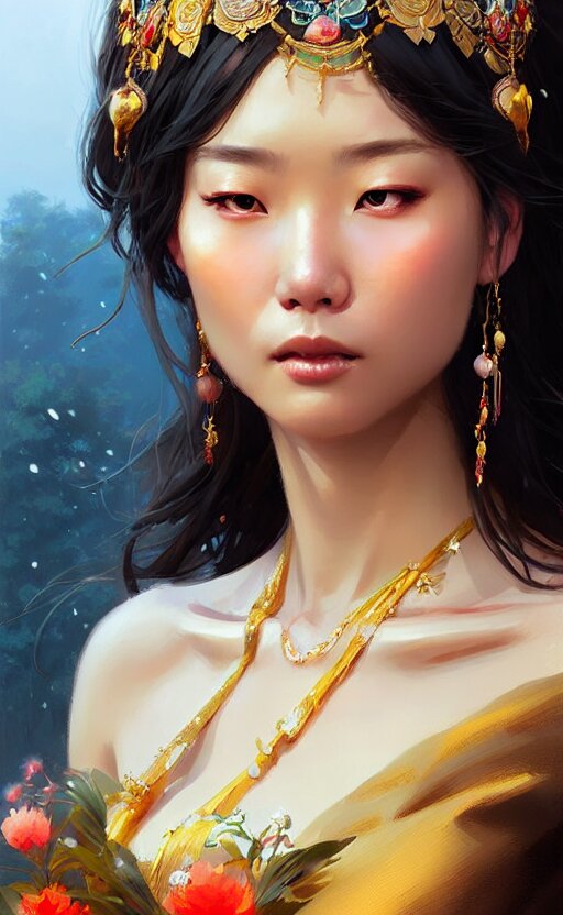 a beautiful taiwan goddess with sundress with jewelry | | winter, realistic shaded, unpleasant face, good looking, fine details, realistic shaded lighting poster by greg rutkowski, magali villeneuve, artgerm, jeremy lipkin and michael garmash and macoto takahashi 