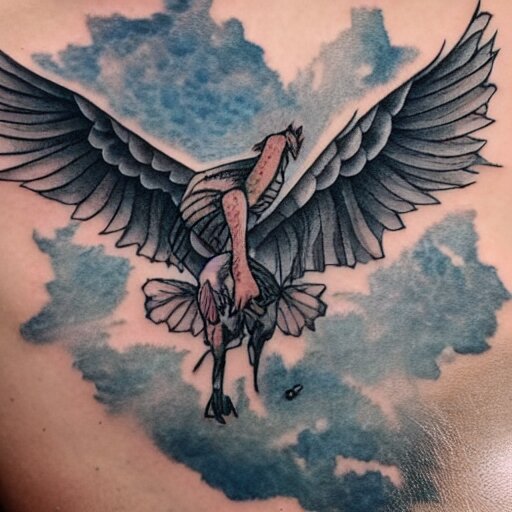 tatoo art of icarus flying over some ruins 