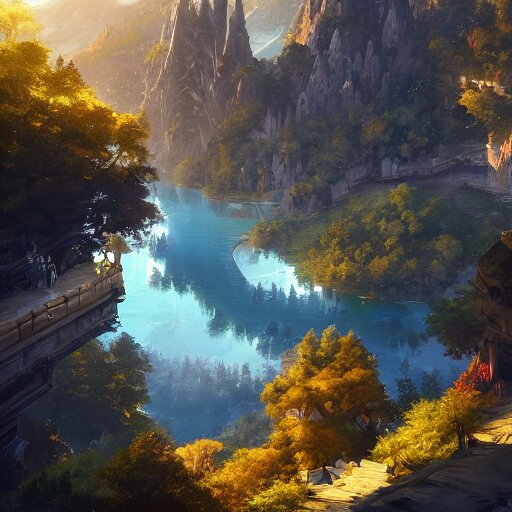 a birds eye view overlooking an ancient fantasy city surrounded by mountains and trees of greens and browns, rivers and lakes by Jordan Grimmer, Asher Brown Durand and Ryan Dening, 8k, artstation, beautiful color pallette