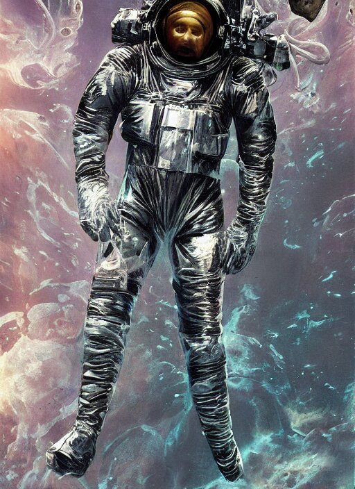 astronaut in dark void underwater - complex and hyperdetailed technical suit design. reflection and dispersion materials. rays and dispersion of light. volumetric light. f / 3 2. noise film photo. flash photography. ultra realistic, 5 0 mm. poster by wayne barlowe, hajime sorayama aaron horkey, craig mullins 