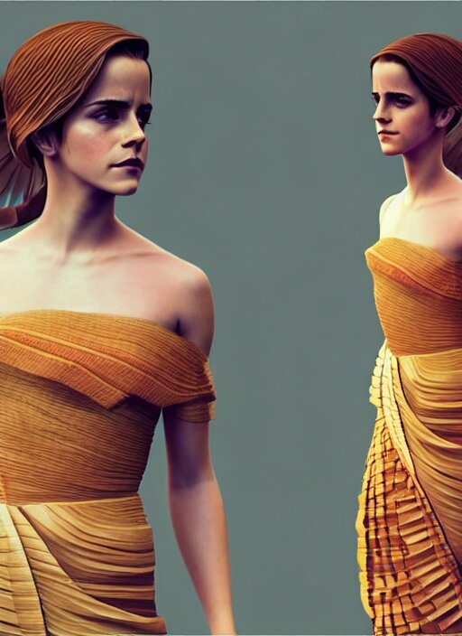 emma watson wearing finely pleated silk bihu mekhela strapless costume expertly draped goddess style dress by wlop, assamese gamosa pattern, face by daz 3 d genesis and artgerm concept art 3 d octane render cinema 4 d v ray, unreal engine, hyper realistic hdr fabric textures, ray traced, bright lit cinematic studio fashion photography, real life like, daz iray shaders 