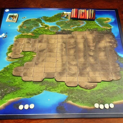 board for a board game including two large islands, two medium sized islands, and one small island 