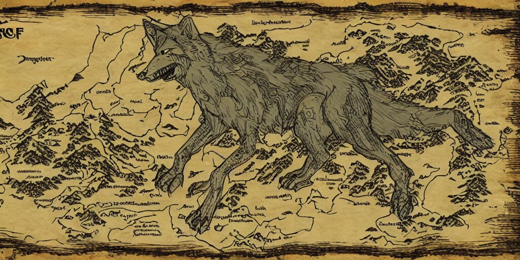 face of a wolf in the style of a medieval fantasy map, mountains, forests.  Skyrim, Lord of the Rings map, Zelda Breath of the Wild map, drawing on parchment