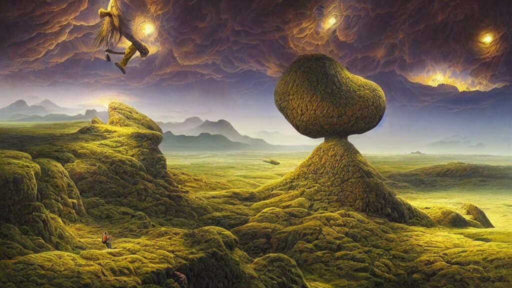 fantasy landscape with anthropomorphic!!! terrain!!! in the styles of igor morski, jim warren, and rob gonsalves, intricate, hyperrealistic, volumetric lighting, big sky, distinct horizon 