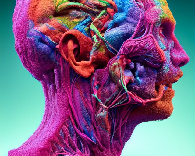 insides of a human head explode outward as a huge mass of coloured powder, hyperrealistic, medical photography, anatomically correct, realistic textures, 8 k, art by lee griggs, 