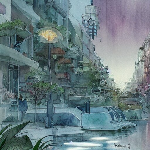 Beautiful happy picturesque charming sci-fi town in harmony with nature. Beautiful light. Water and plants. Nice colour scheme, soft warm colour. Beautiful detailed artistic watercolor by Vincent Bons. (2022)