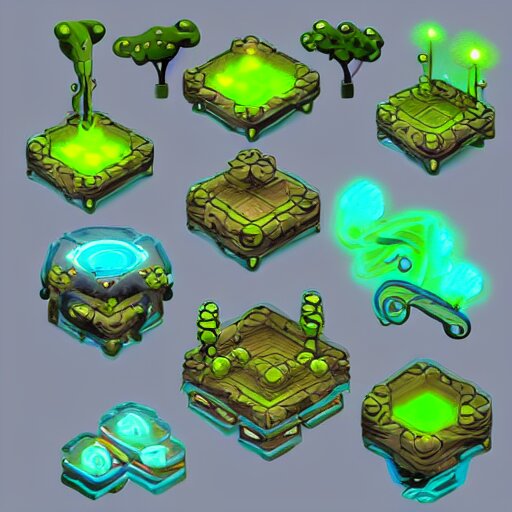 concept art 2 d game asset of furniture with an organic isometric design based on bioluminescent alien - like plants inspired by the avatar's bioluminescent alien nature. around the furniture, we can see plants that glow in the dark. all in isometric perspective and semi - realistic style item is in a black background colorful neons masterpiece 