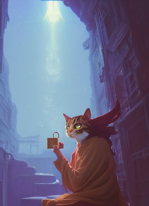 highly detailed portrait of a cat mage wearing a magical robe, stephen bliss, unreal engine, greg rutkowski, loish, rhads, beeple, makoto shinkai and lois van baarle, ilya kuvshinov, rossdraws, tom bagshaw, tom whalen, alphonse mucha, global illumination, god rays, detailed and intricate environment 