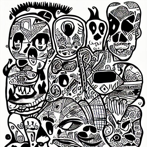 black and white composition of a variety of doodles, drawings, faces, symbols, cartoons, lineart, cave drawing, silhouette, tattoo, chinese ink brush 