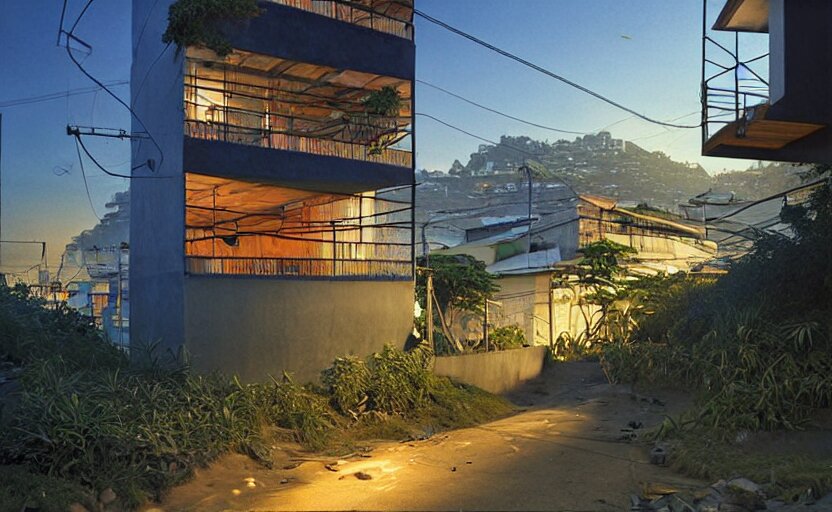 a contemporary modernist favela environment, many wild animals, simplicity, minimalist, elegant, glass panes, billboards, glowing lights, soft ambient lighting, photorealism, unreal engine, art by michael whelan and chris moore and howard david johnson and tim white and dan giancola 