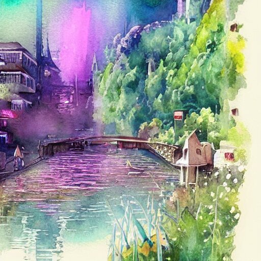 Beautiful happy picturesque charming sci-fi town in harmony with nature. Beautiful light. Water and plants. Nice colour scheme, soft warm colour. Beautiful detailed artistic watercolor by Vincent. (2022)