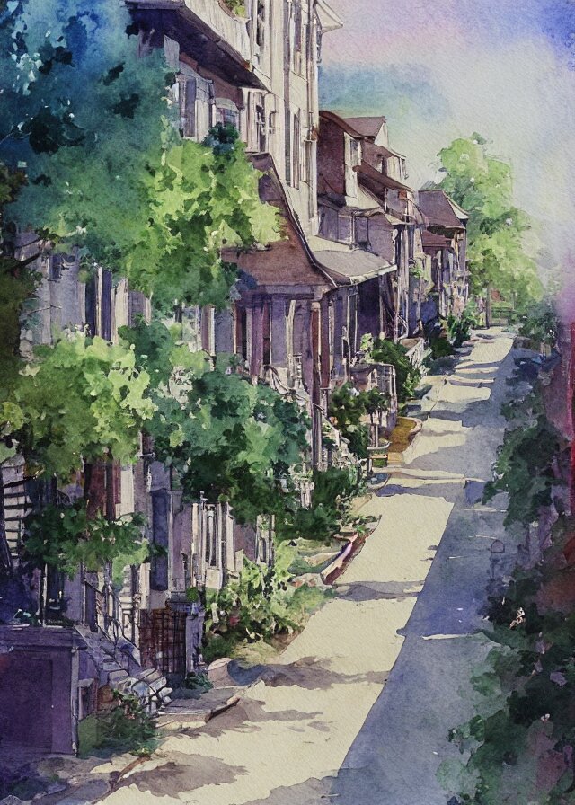 street lined with old residential houses summer watercolor by arti chauhan trending on artstation 