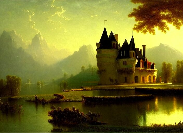 beautiful illustration of chateau in a serene landscape, by albert bierstadt, magic realism, narrative realism, beautiful matte painting, heavenly lighting, retrowave, 4 k hd wallpaper h 7 2 0 