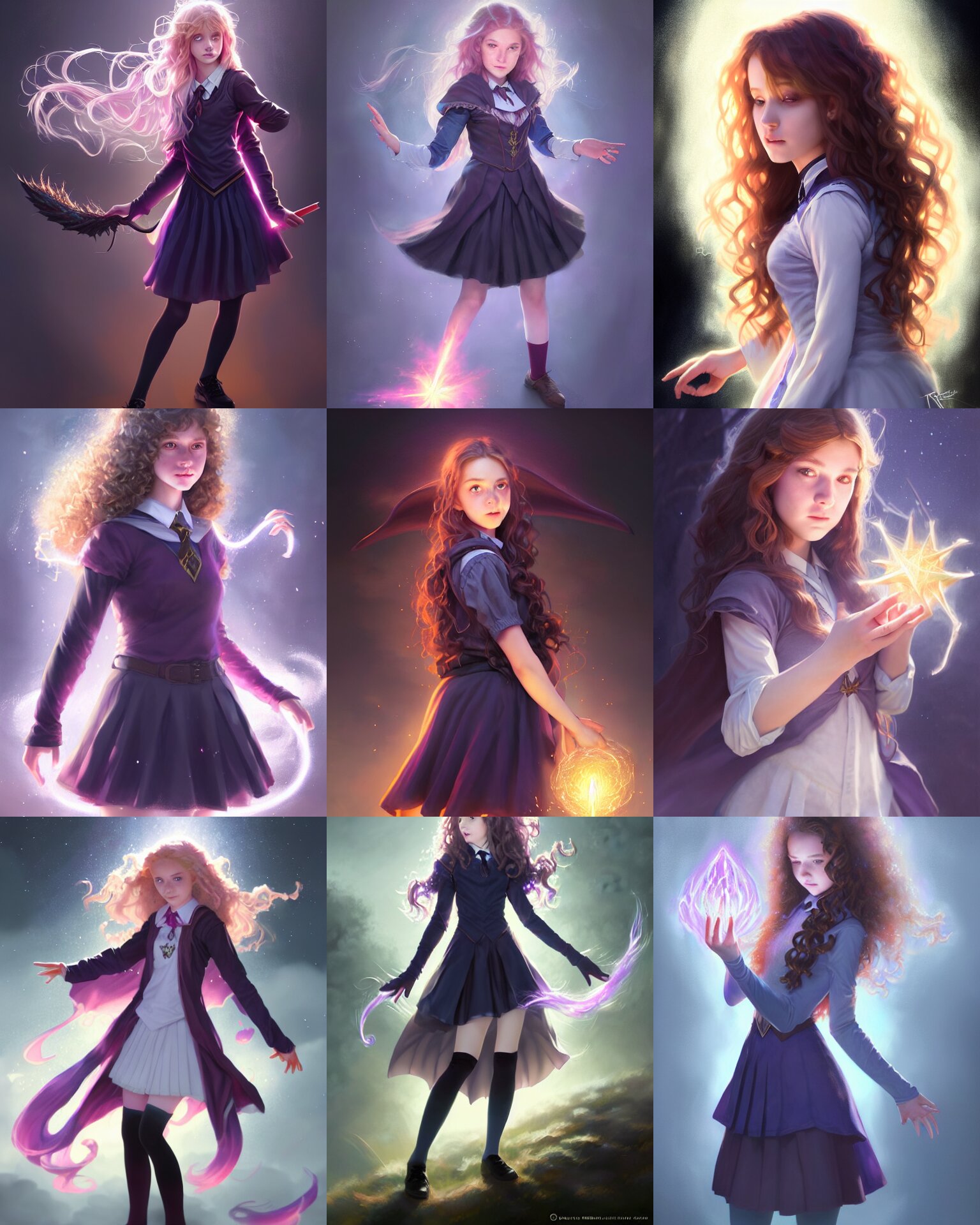 realistic portrait of a innocent young teen girl, d&d magic fantasy, dark magical school student uniform, light curly hair, casting a bright large-scale magical spell around herself, overflowing energy, highly detailed, digital painting, trending on artstation, pixiv, concept art, sharp focus, illustration, art by Ross Tran and Greg Rutkowski and Walt Disney animation