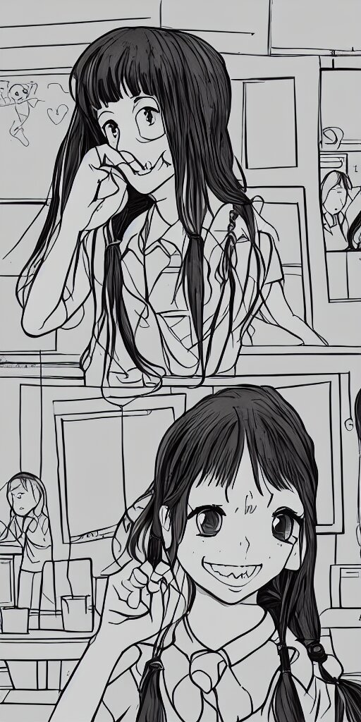 potrait of a schoolgirl in a classroom mirror, digital art, anime style, 8 k, black and white 