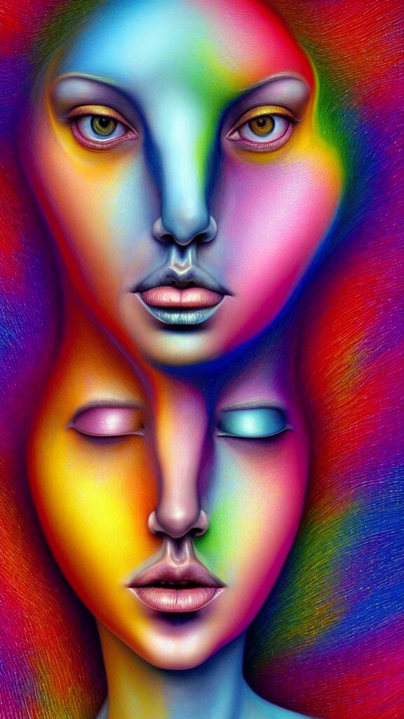 hyperrealistic abstract close-up female! portrait Renaissance psychedelic!! celestial happy! pure creature!! perfect!! face! peaceful! kind spirit of nature! beautiful fractal!! eyes! highly detailed concept art eric zener elson peter cinematic hard rainbow lighting high angle hd 8k sharp shallow depth of field endless, inspired by Zdzisław Beksiński Salvador Dali