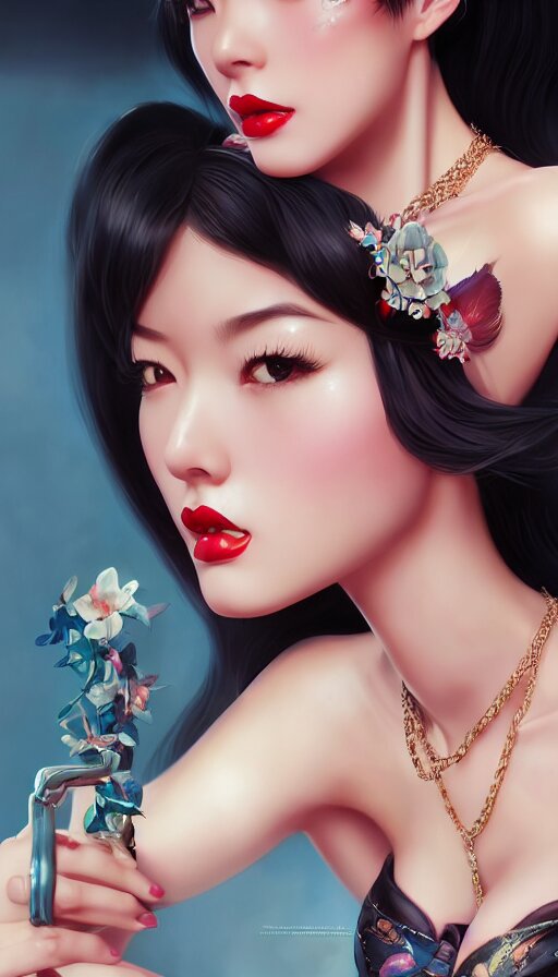 a pin up and beautiful fashion and charming and dreamlke asian girl with lv jewelry, medium shot, art by artgerm & ross tran & wlop, hyperdetailed, 8 k realistic, symmetrical, frostbite 3 engine, cryengine, dof, trending on artstation, digital art 