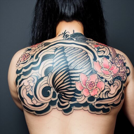 photography of the back of a woman with an detailed irezumi tatto representing a tiger with flowers, mid-shot, editorial photography