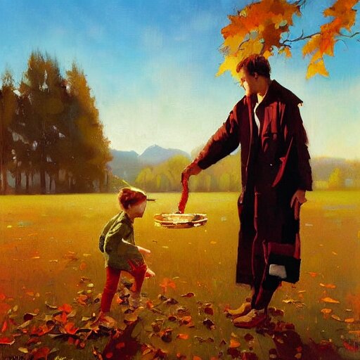 a brother and sister paying catch in autumn. phil hale. rhads. repin. 