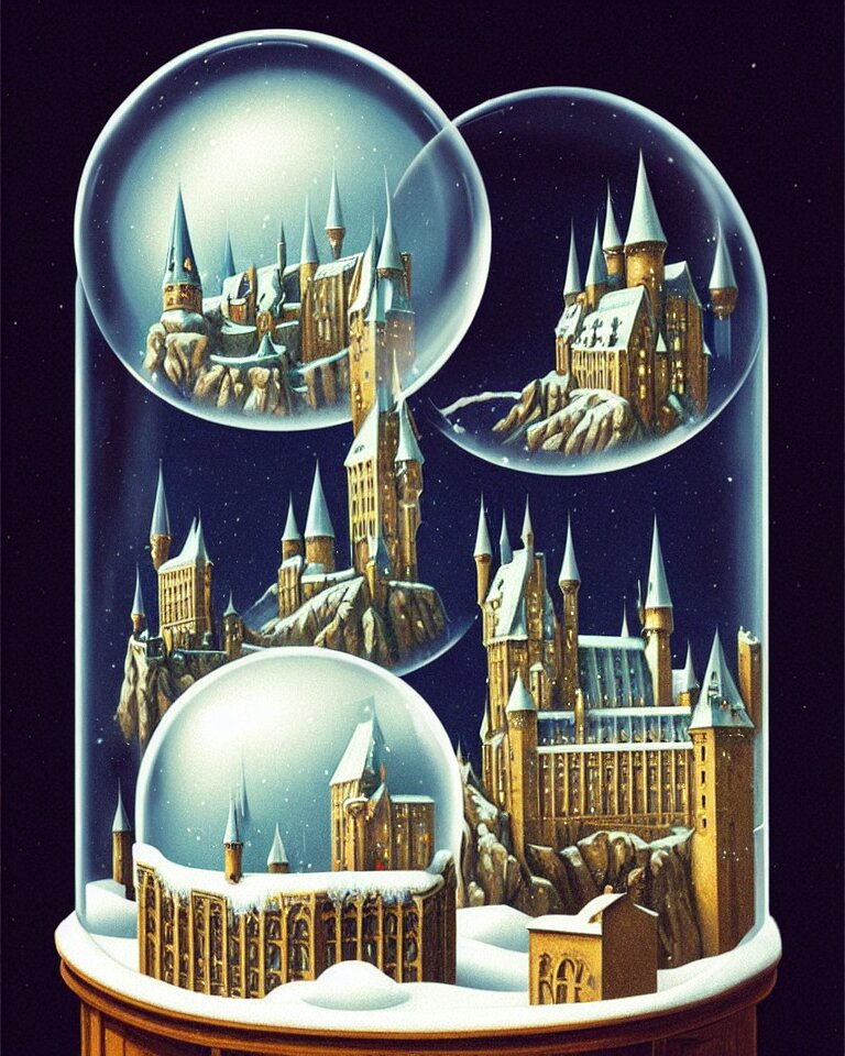 an achingly beautiful print of one snow globe with hogwarts inside by raphael, hopper, and rene magritte. detailed, proportional, romantic, vibrant, enchanting, trending on artstation 