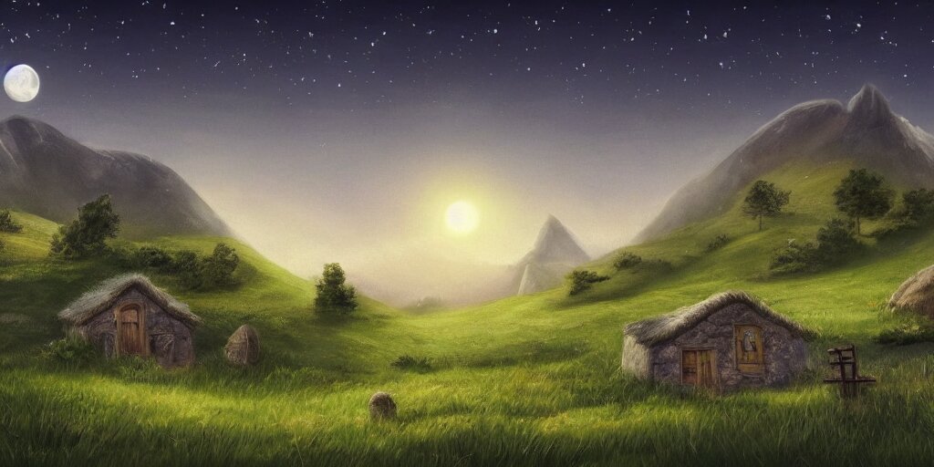 Grassy fields with large mountains in the distance, small cottage in the foreground, nighttime, moon in the night sky, landscape wallpaper, d&d art, fantasy, painted, 4k, high detail, sharp focus