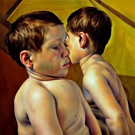 high quality high detail painting by lucian freud, hd, portrait of twins, photorealistic lighting 