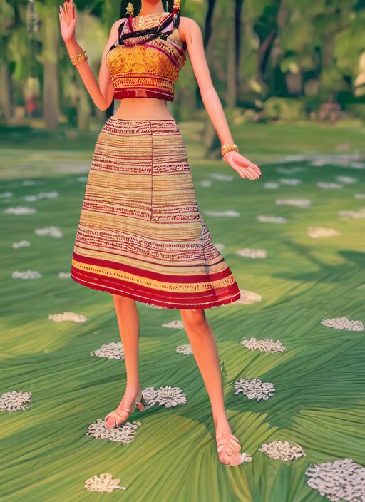 beautiful summer assamese mekehela bihu style floral dress, flirtatious, boho - chic, sleeveless, elegant, short skirt length, slimmer demeanor, plethora of colors ; mini dress ; highly detailed cute face by wlop ; 3 6 0 rotation reference ; octane render, unreal engine 5, trending on artstation, 8 k high resolution, global illumination ray tracing ; symmetrical, cinematic, high coherence, hdr fabric textures 