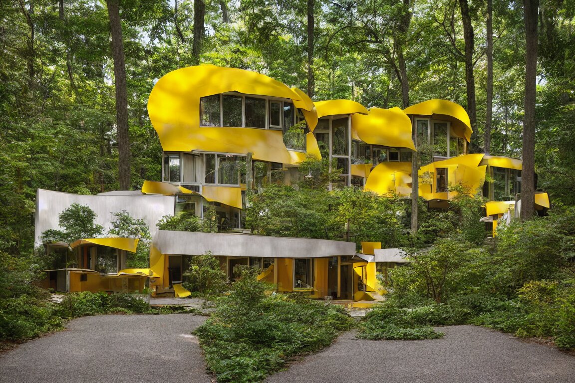 a mid century modern house in a forest, designed by Frank Gehry. Tiles. Small gravel driveway . Film grain, cinematic, yellow hue