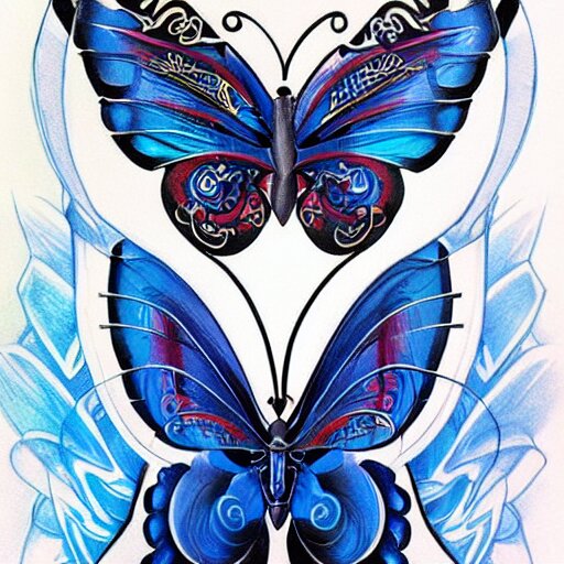 tattoo design, stencil, traditional, big blue diabetes ribbon transforming into a butterfly, upper body, by artgerm, artgerm, digital art