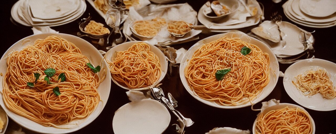 a large bowl of spaghetti, beautifully plated on a full buffet table, small details, intricate, sharply focused, canon 5 0 mm, wes anderson film, kodachrome 