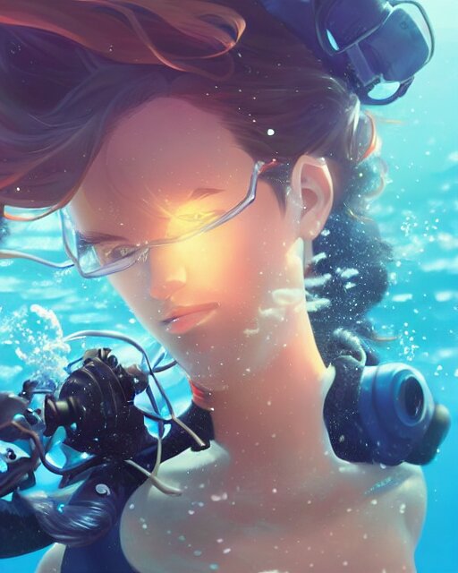 a girl scuba diving in an ocean full of sea life, full shot, atmospheric lighting, detailed face, by makoto shinkai, stanley artgerm lau, wlop, rossdraws 