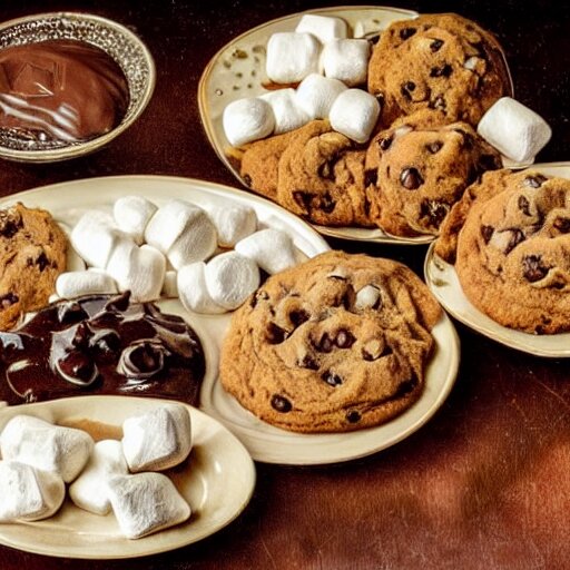 opulent banquet of plates of freshly baked chocolate chip cookies, delicious, glistening, chocolate sauce, marshmallows, highly detailed, food photography, art by rembrandt 