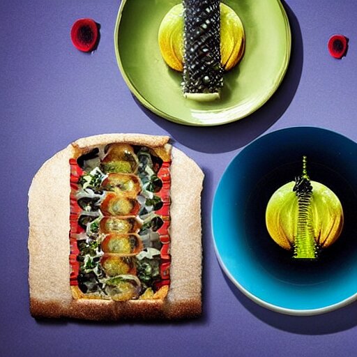 a meal of rather weird and slightly disgusting, but also futuristic designer food, food photography