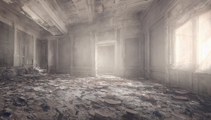 abandoned capitol with cobwebs, dusty dirty floor, collapsed ceiling, flying dust particles, light through, hyperdetailed, artstation, cgsociety, 8 k 