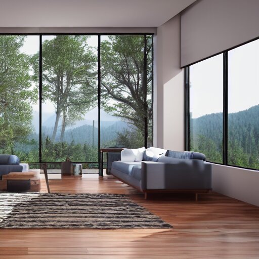 architecture render of a beautiful modern living room with wood floors, large windows with a beautiful view, an area rug, forest, mountains, realistic, hd, 8 k, digital rendering, unreal engine, blender, octane, maya 