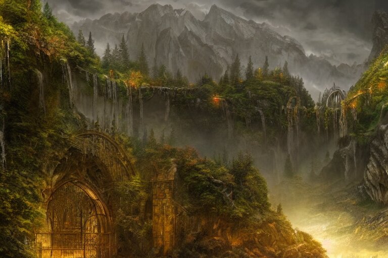 rivendell from lord of the rings matte painting by yanick dusseault and dylan cole, artstation, 4 k, insanely detailed, 