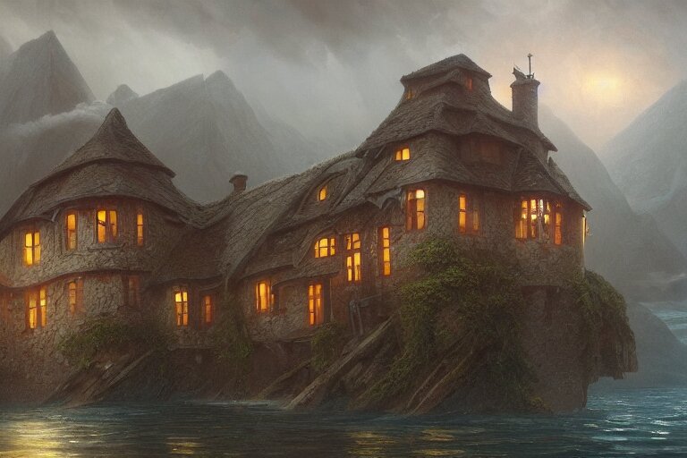 submerged underwater!!!! on the ocean floor, a typical european house with a slate roof, school of fishes, scenic view, matte painting by christophe vacher and hubert robert, trending on artstation 