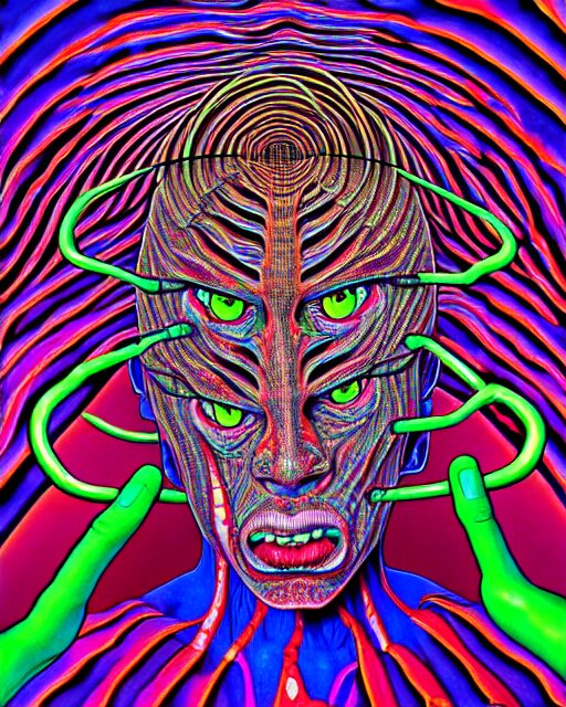 human body breaking away, conjuring psychedelic background, part by shintaro kago, part by alex gray, ultra realistic, highly detailed, 8 k, trending on artstation, fractalism, symmetry 