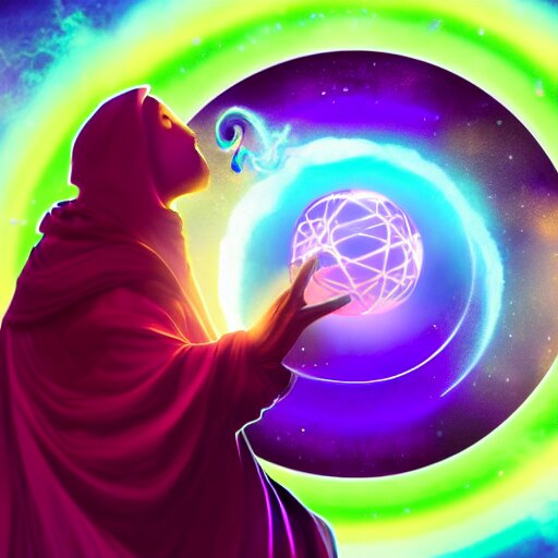 a warlock is casting a magic spell, while magic orb is floating in his hand, the magic orb emit a rainbow vapour, dynamic pose, chromatic aberration , medium level shot, Mucha style , Grim fantasy, illustration ,concept art,