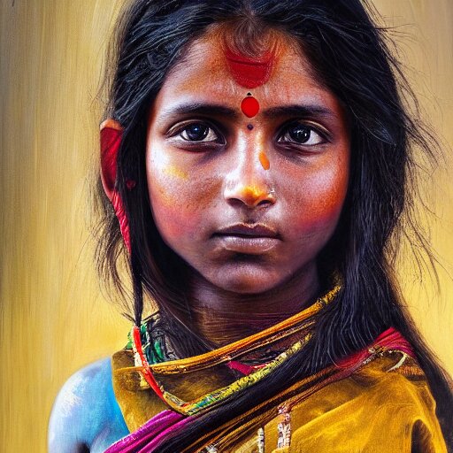 stunning, breathtaking, awe - inspiring award - winning concept art portrait painting by steve mccurry of a beautiful young hindu woman warrior with short, wavy hair, wearing a colorful sari 