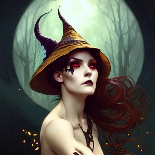 halloween funny witch woman, fantasy magic, undercut hairstyle, intricate, elegant, sharp focus, illustration, highly detailed, digital painting, concept art, matte, art by wlop and artgerm and greg rutkowski and alphonse mucha, masterpiece 