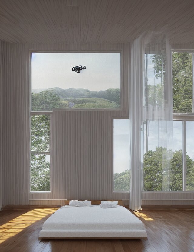 an ultra wide angle photo of a floating bed hovering above the floor in the middle of a giant tesselating bedroom with windows opening to other worlds by casey weldon and lee madgewick and m. c. escher, photorealistic, octane render, recursive!!!!, flowing, cascading, multiverse!!!!!!, labyrinthine 