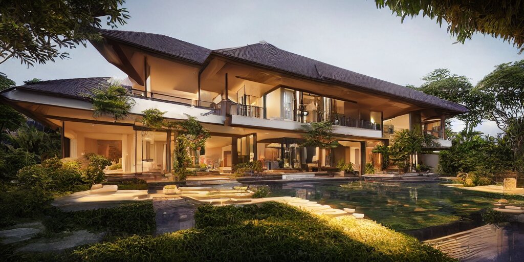 3d rendering  of beautiful nature meets architecture concept of a residential house. balinese architecture, volumetric lighting, luxury, high detail, 14mm, cinematic photography, cg architects,  high resolution