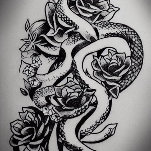 tattoo design, stencil, tattoo stencil, traditional, a snake surrounded by flowers