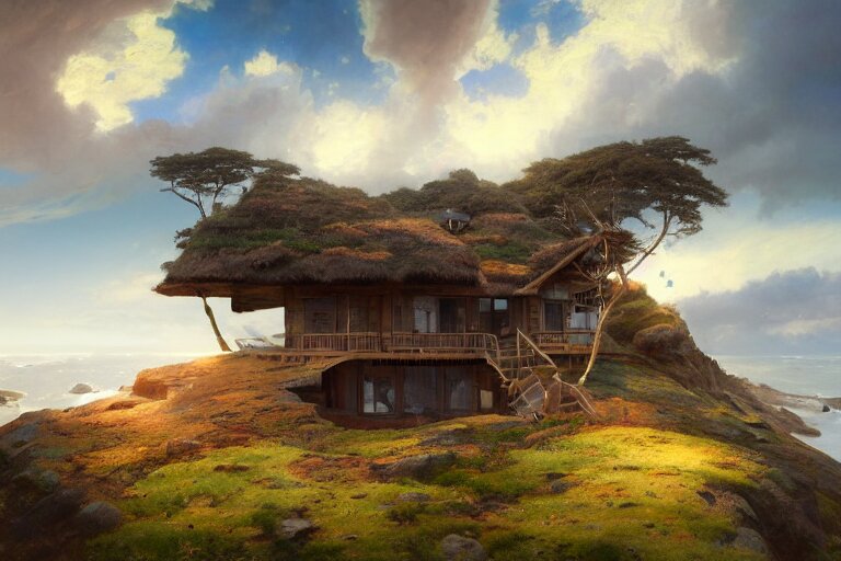 lovely a - frame home sits atop a broad cliff, overlooking the entirety of the blue sky, digital painting by greg rutkowski and gaston bussiere, zbrush, cgsociety contest winner, comprehensive art, intricate, landscape photography, brightly radiant atmosphere, overcast sky, homogeneous to hawaii, 4 k, 8 k 