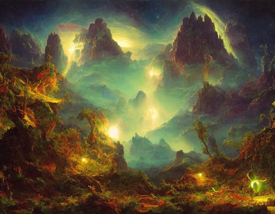 night on a trippy alien planet full of bioluminescent flora, concept art by albert biertadt, thomas cole, frederic edwin church, hudson river school, majestic, awe - inspiring, breathtaking 