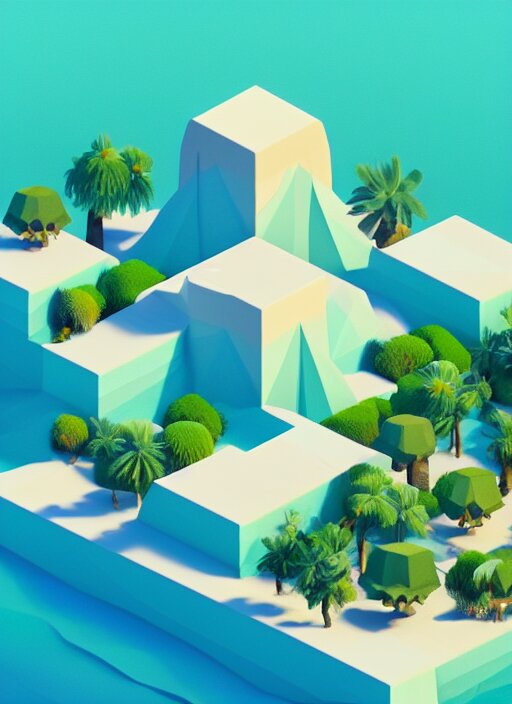 a low poly isometric render of lakshadweep, floral!, in the style of monument valley, intricate, elegant, smooth shading, soft lighting, illustration, simple, solid shapes, by magali villeneuve, jeremy lipkin and michael garmash, rob rey and kentaro miura style, octane render 