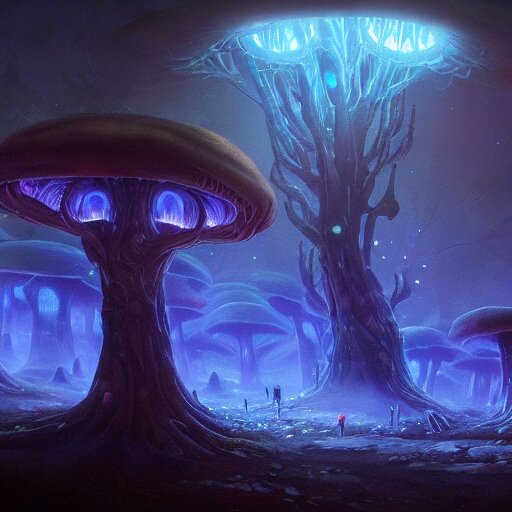 concept art painting of a fantasy alien fungal landscape at night, with glowing blue lights, glowing blue mushrooms, dark purple sky, realistic, detailed, cel shaded, in the style of makoto shinkai and greg rutkowski and albert bierstadt and james gurney 